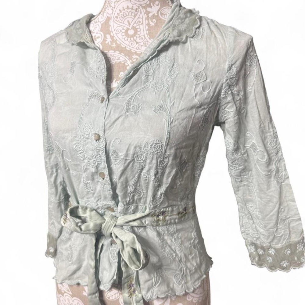 Odille by Anthropologie Embroidered Button Up Top Size 8 Silk and Cotton Blend - Picture 3 of 8
